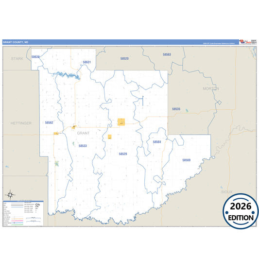 Grant County, ND Business Reference 5 Digit ZIP Code Wall Map