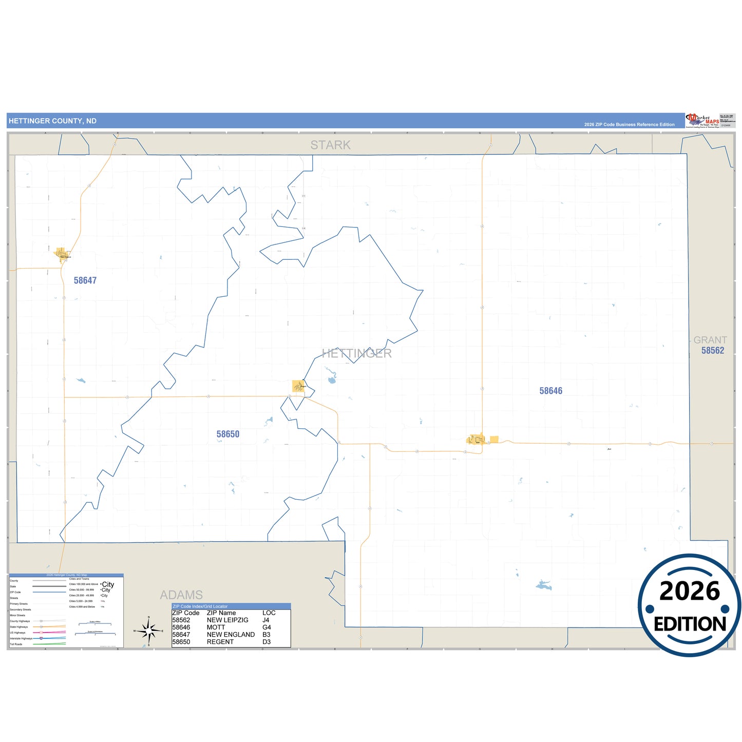 Hettinger County, ND Business Reference 5 Digit ZIP Code Wall Map