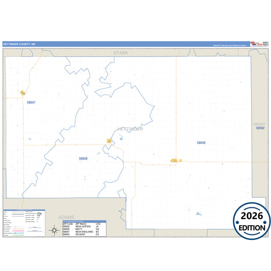 Hettinger County, ND Business Reference 5 Digit ZIP Code Wall Map