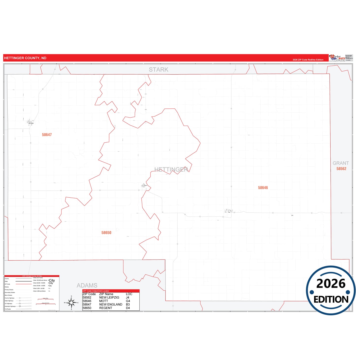 Hettinger County, ND Red Line 5 Digit ZIP Code Wall Map