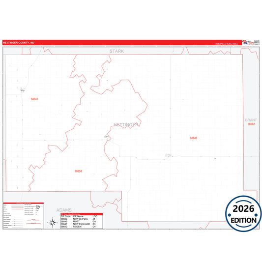 Hettinger County, ND Red Line 5 Digit ZIP Code Wall Map