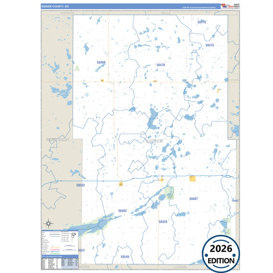 Kidder County, ND Business Reference 5 Digit ZIP Code Wall Map