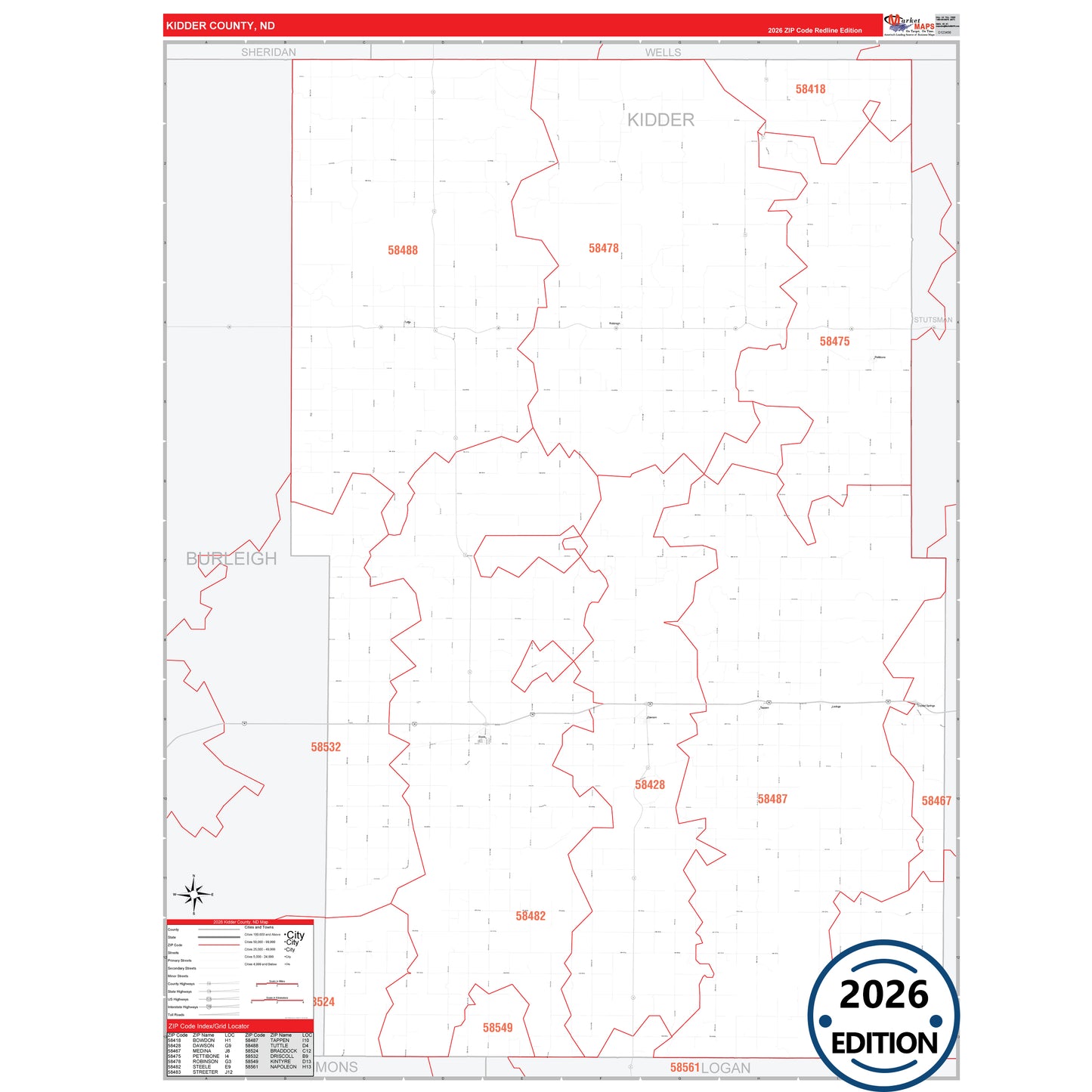 Kidder County, ND Red Line 5 Digit ZIP Code Wall Map