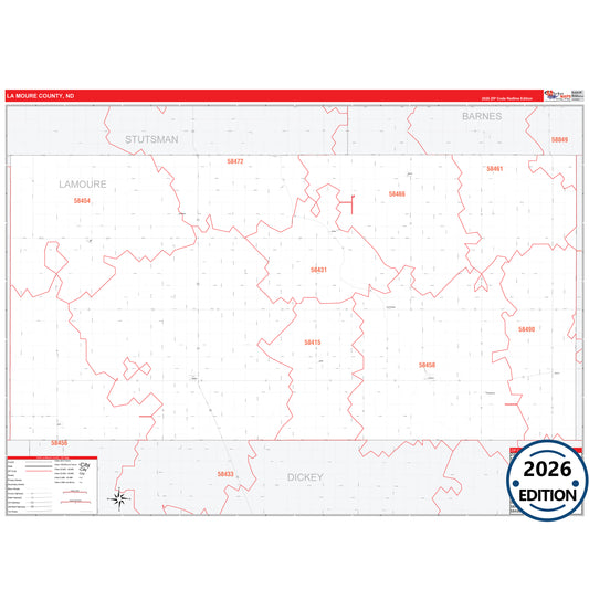 La Moure County, ND Red Line 5 Digit ZIP Code Wall Map