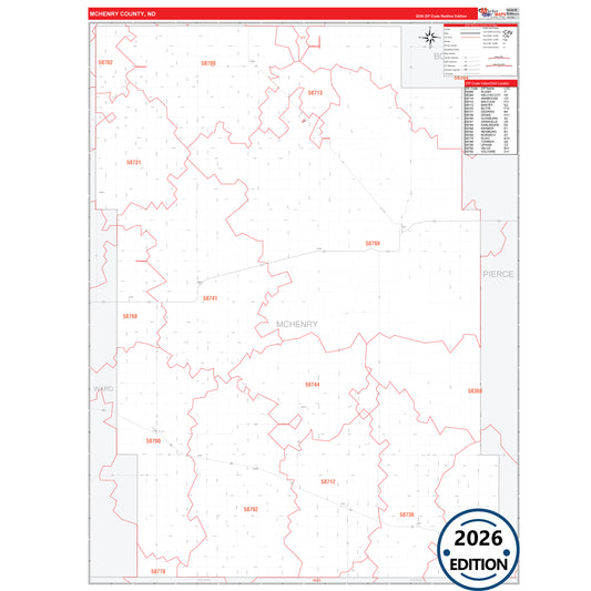 McHenry County, ND Red Line 5 Digit ZIP Code Wall Map