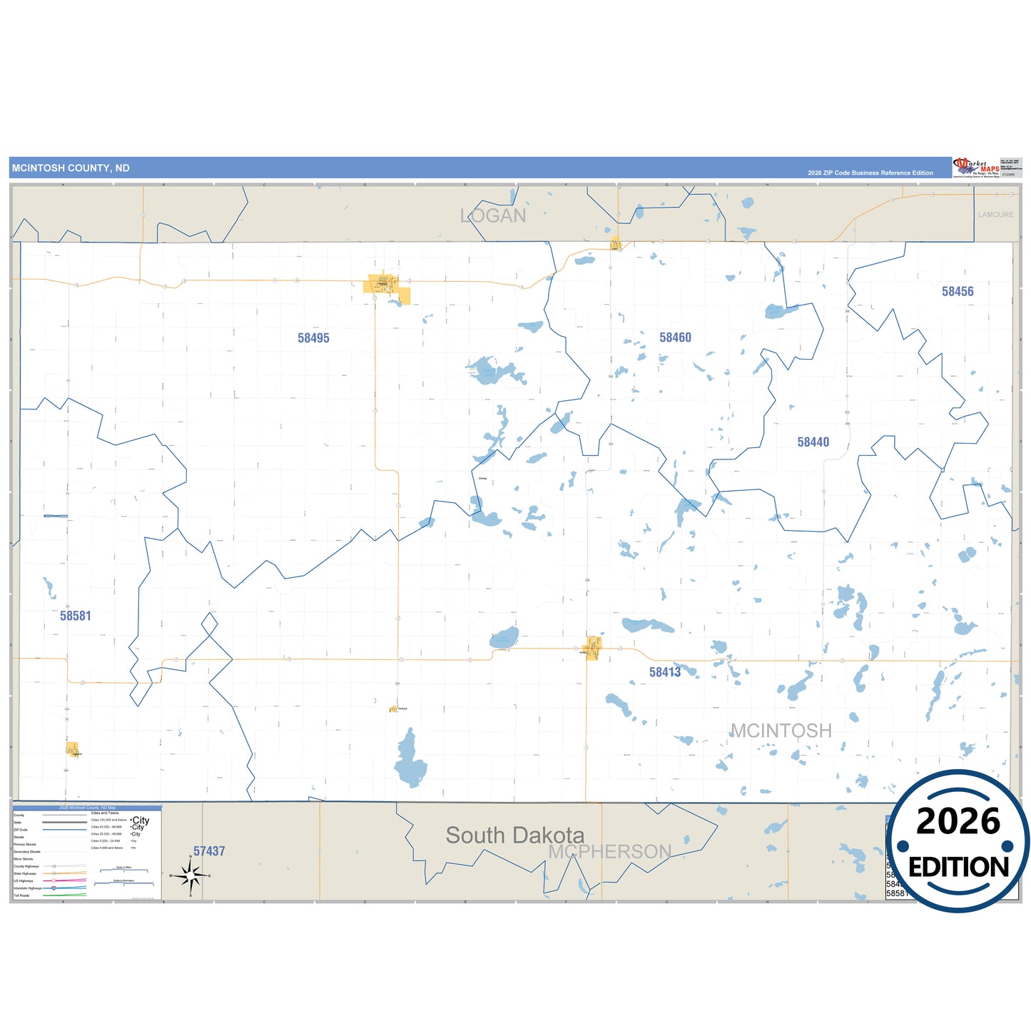 McIntosh County, ND Business Reference 5 Digit ZIP Code Wall Map