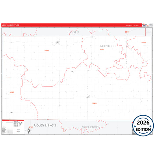 McIntosh County, ND Red Line 5 Digit ZIP Code Wall Map