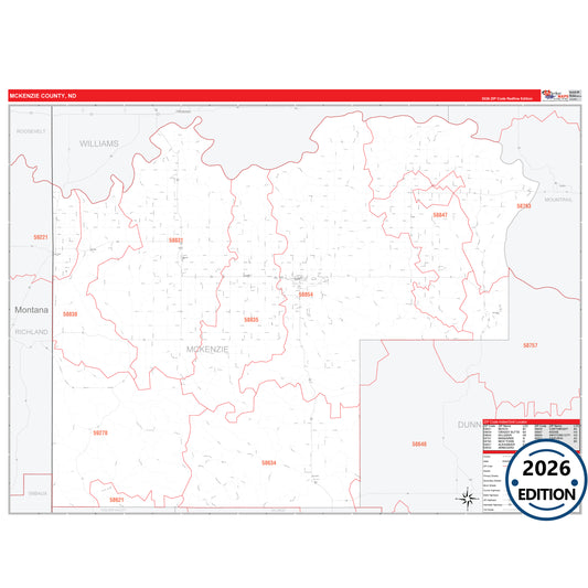Mckenzie County, ND Red Line 5 Digit ZIP Code Wall Map