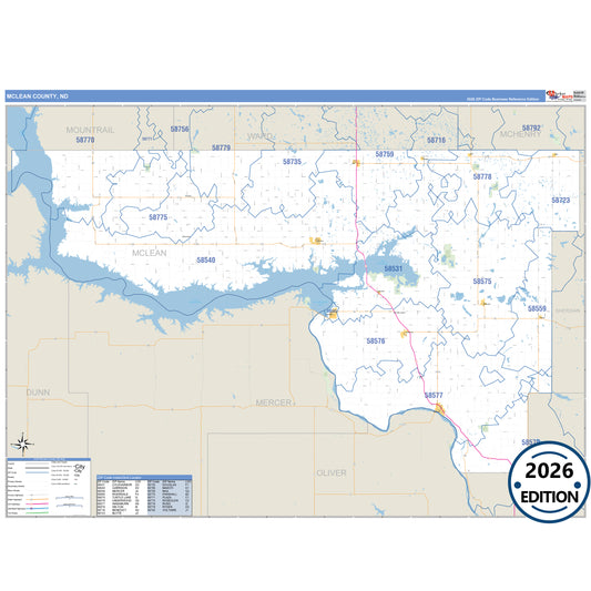 Mclean County, ND Business Reference 5 Digit ZIP Code Wall Map