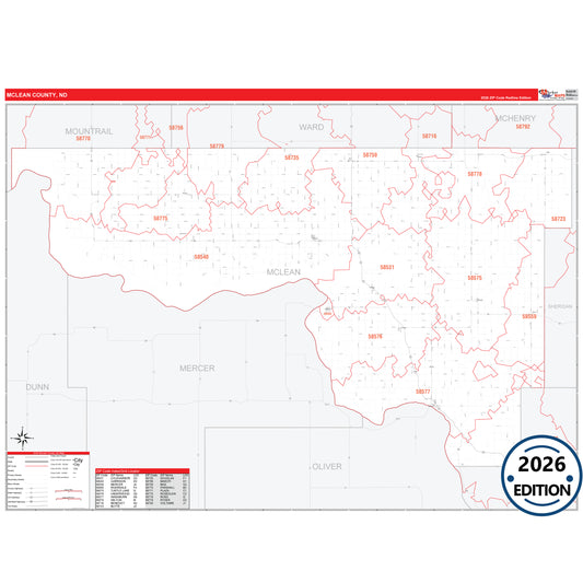 Mclean County, ND Red Line 5 Digit ZIP Code Wall Map