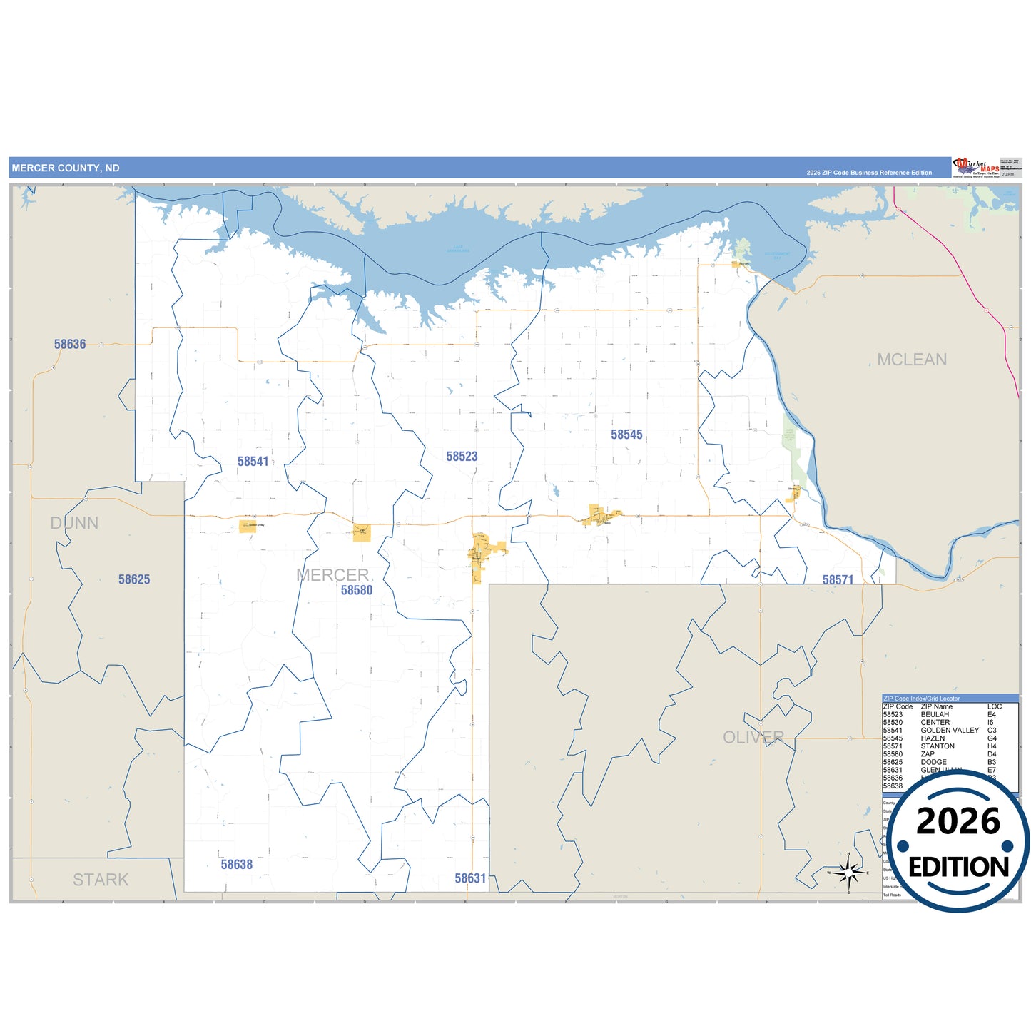 Mercer County, ND Business Reference 5 Digit ZIP Code Wall Map