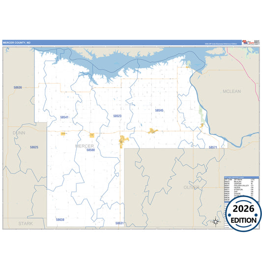 Mercer County, ND Business Reference 5 Digit ZIP Code Wall Map