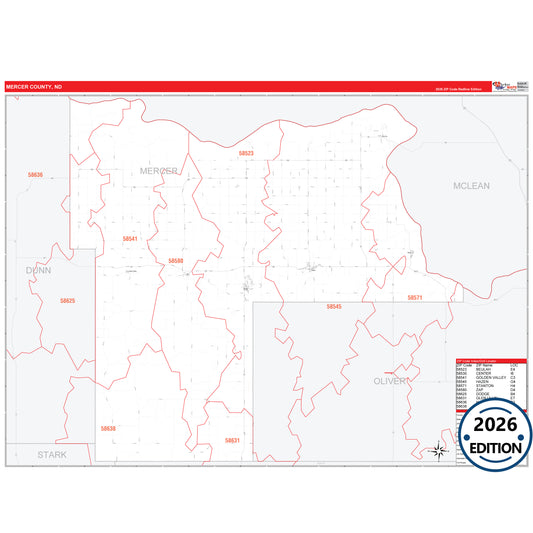 Mercer County, ND Red Line 5 Digit ZIP Code Wall Map
