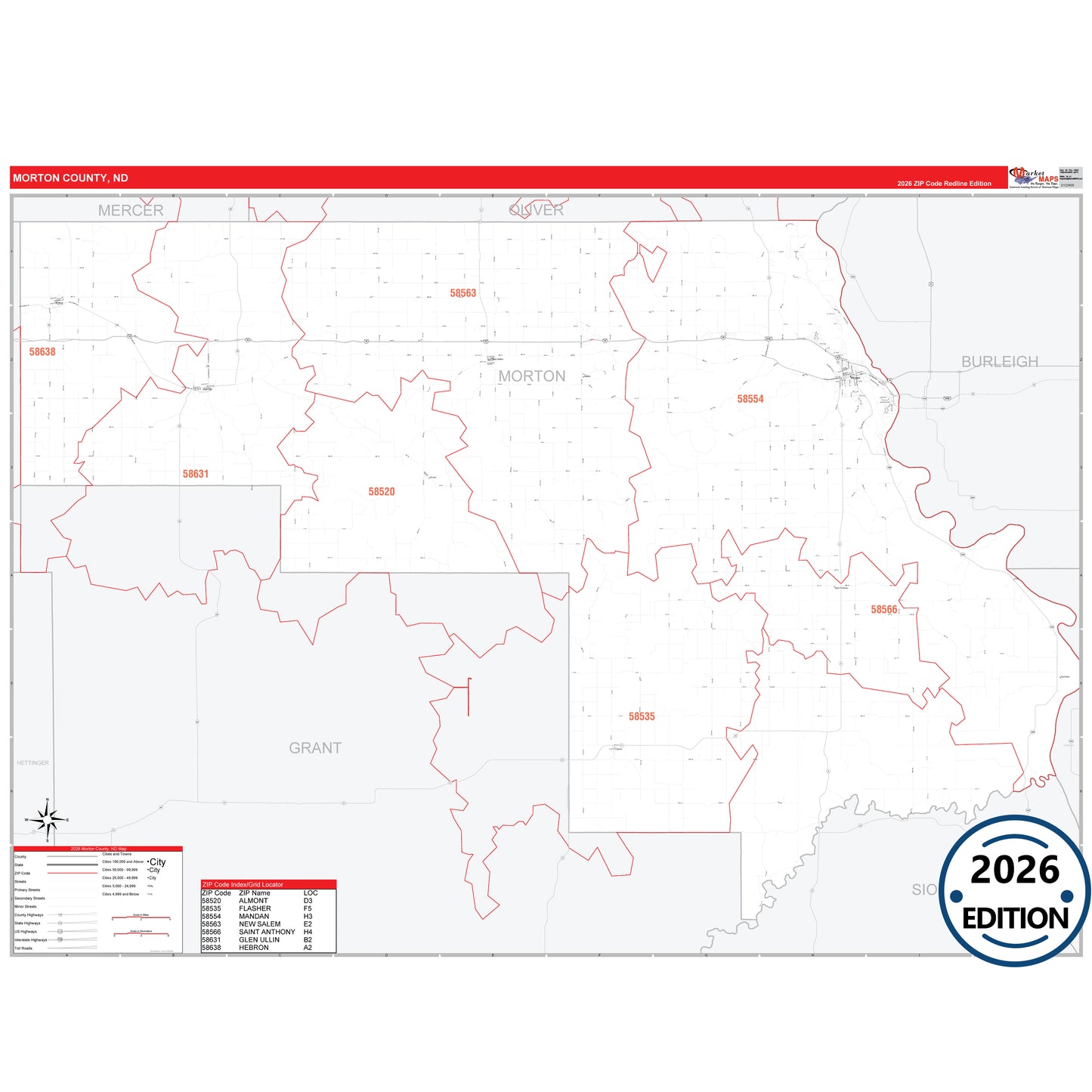 Morton County, ND Red Line 5 Digit ZIP Code Wall Map