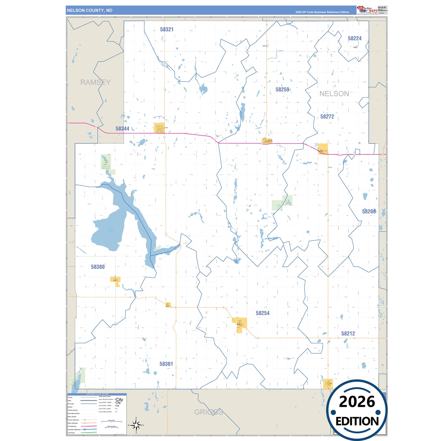 Nelson County, ND Business Reference 5 Digit ZIP Code Wall Map