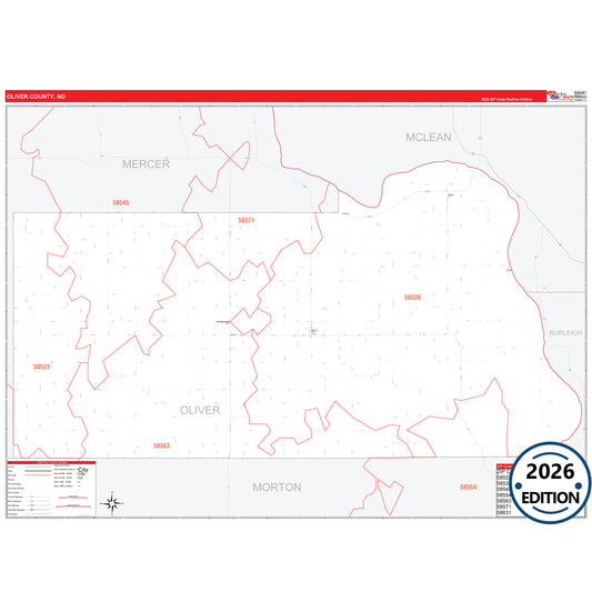 Oliver County, ND Red Line 5 Digit ZIP Code Wall Map