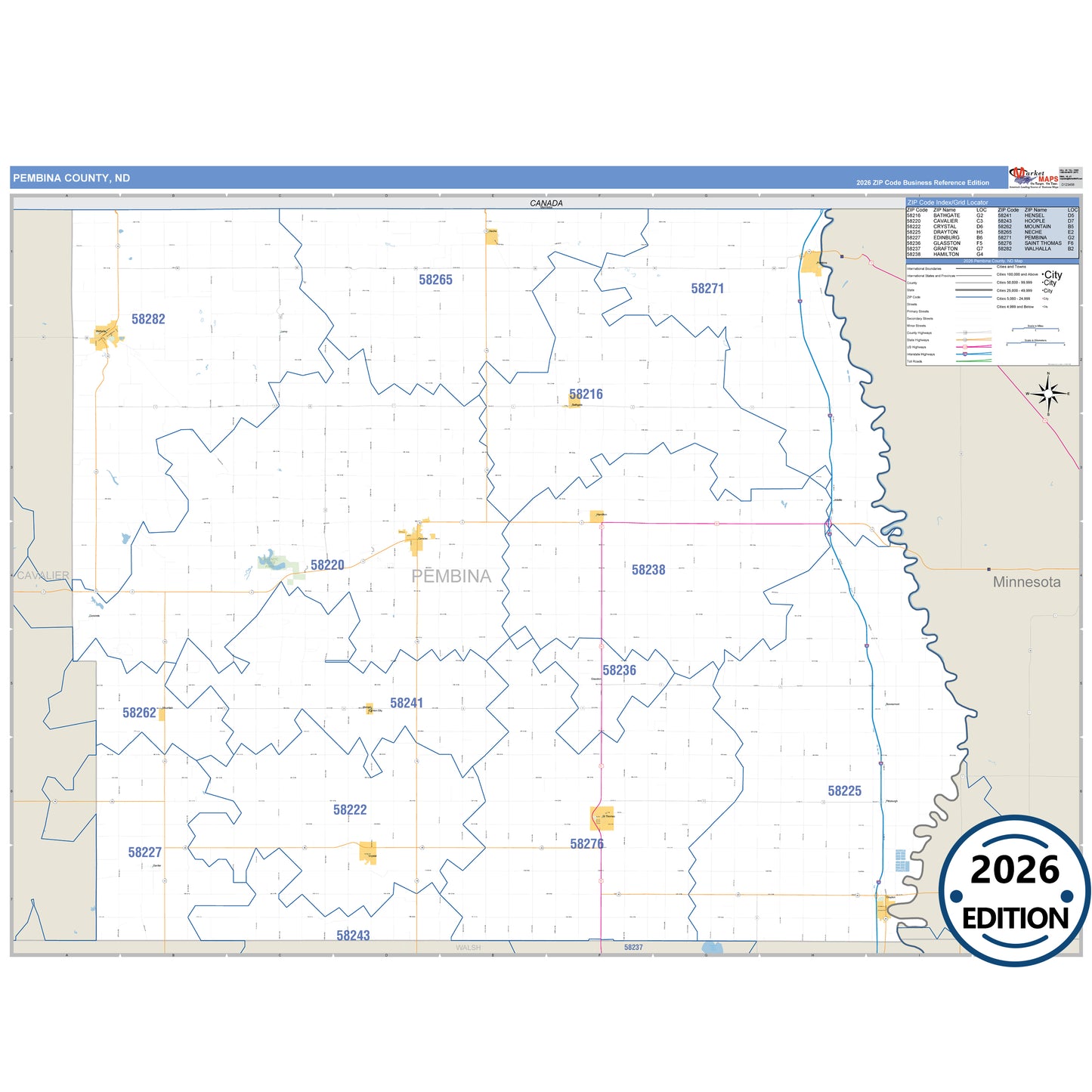 Pembina County, ND Business Reference 5 Digit ZIP Code Wall Map