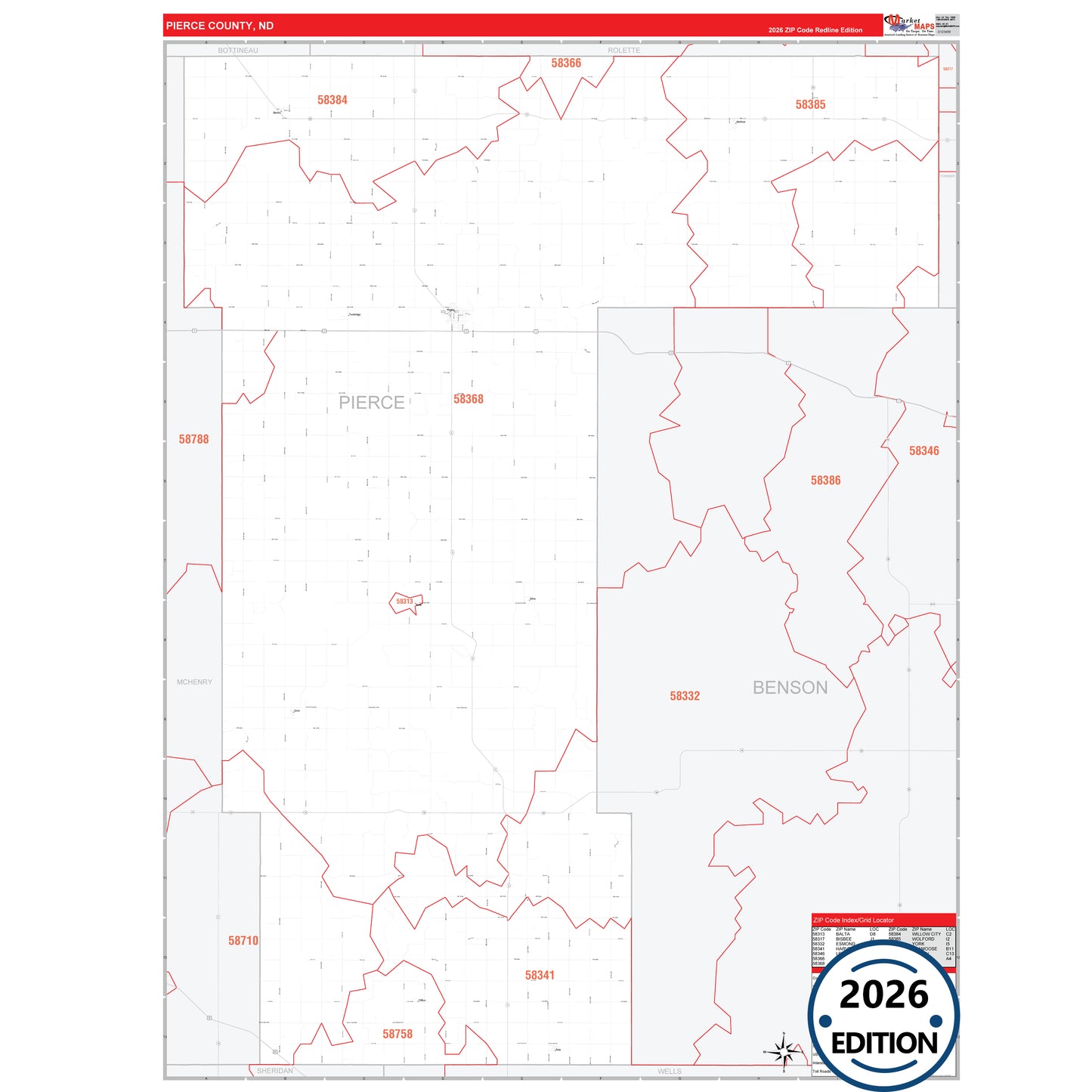 Pierce County, ND Red Line 5 Digit ZIP Code Wall Map
