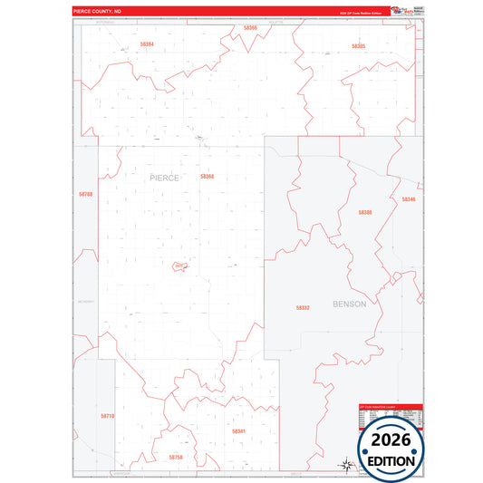 Pierce County, ND Red Line 5 Digit ZIP Code Wall Map