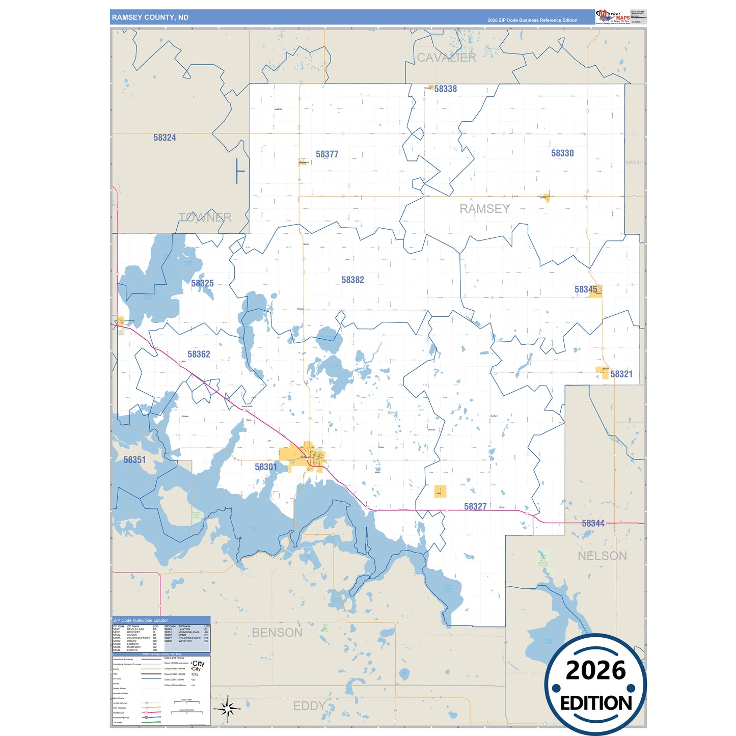 Ramsey County, ND Business Reference 5 Digit ZIP Code Wall Map