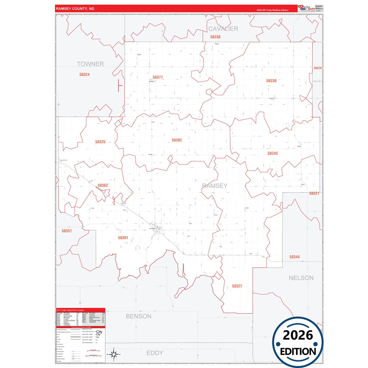Ramsey County, ND Red Line 5 Digit ZIP Code Wall Map