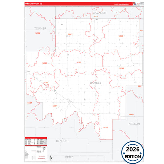 Ramsey County, ND Red Line 5 Digit ZIP Code Wall Map
