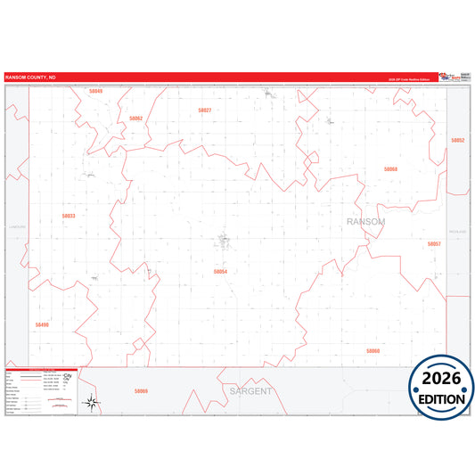 Ransom County, ND Red Line 5 Digit ZIP Code Wall Map