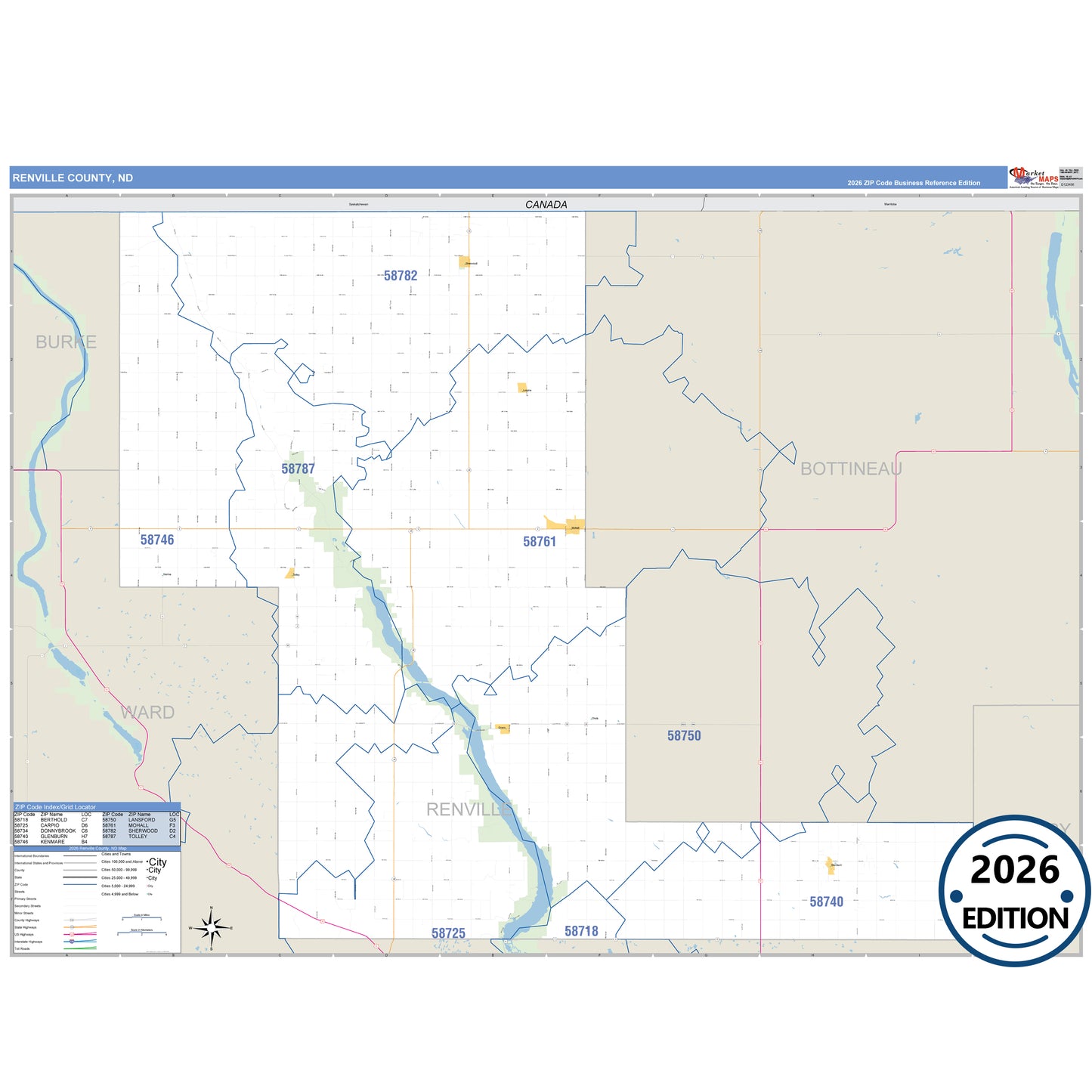 Renville County, ND Business Reference 5 Digit ZIP Code Wall Map