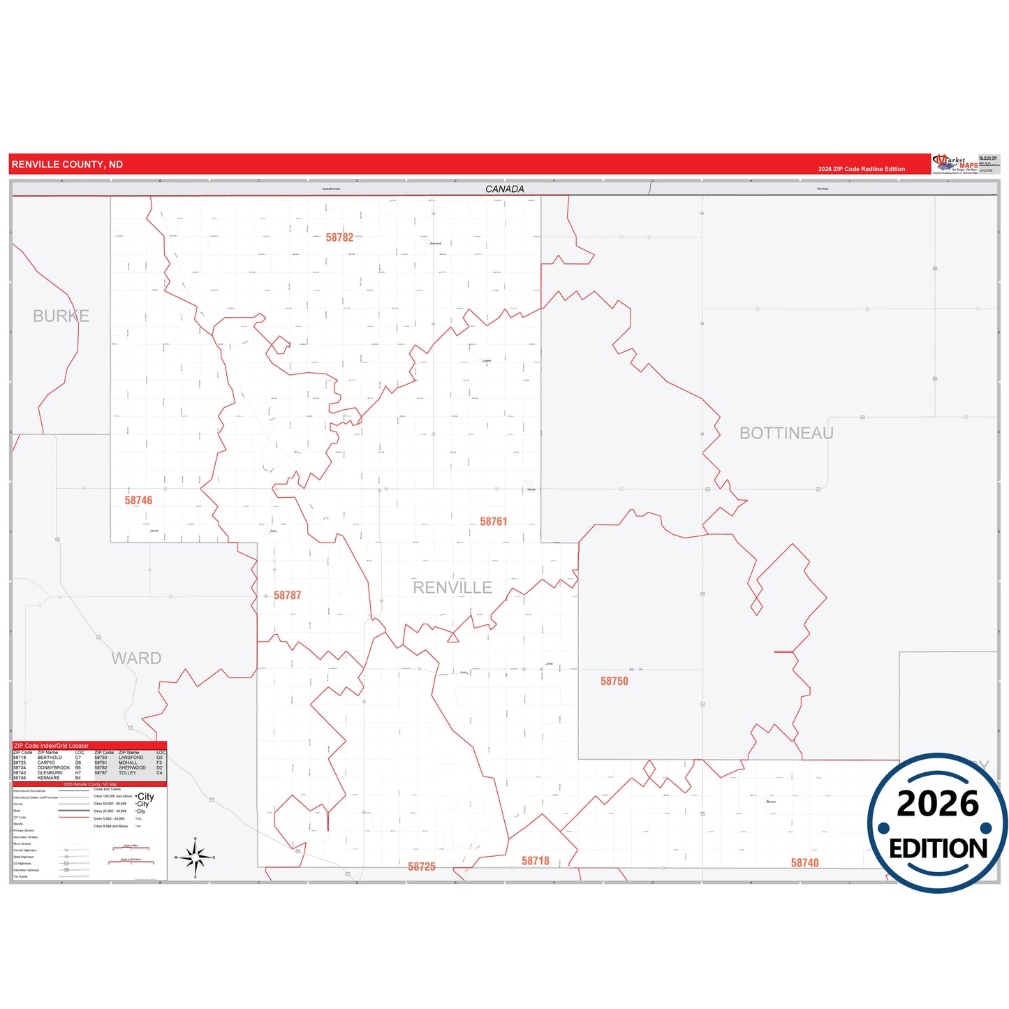 Renville County, ND Red Line 5 Digit ZIP Code Wall Map