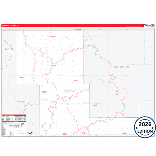 Renville County, ND Red Line 5 Digit ZIP Code Wall Map