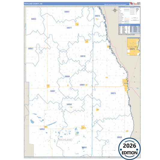 Richland County, ND Business Reference 5 Digit ZIP Code Wall Map