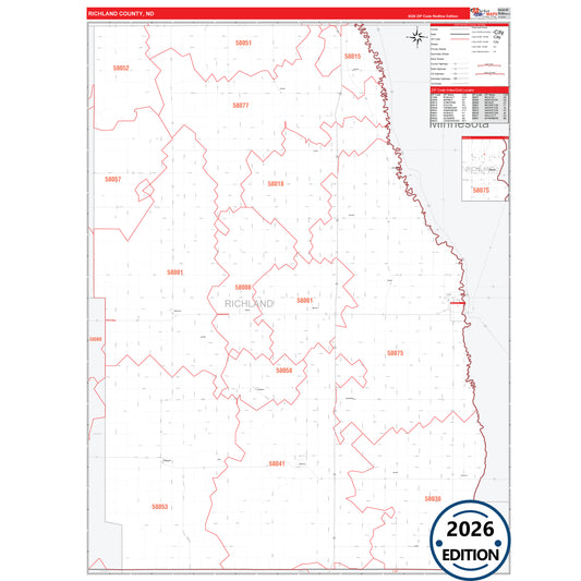Richland County, ND Red Line 5 Digit ZIP Code Wall Map