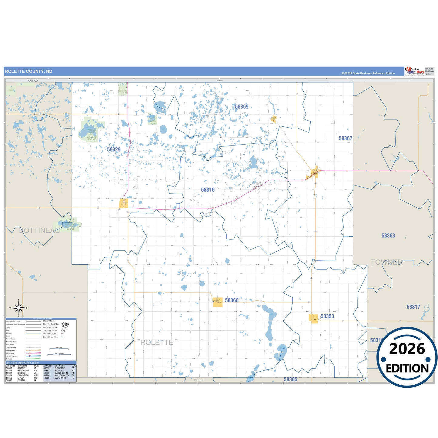 Rolette County, ND Business Reference 5 Digit ZIP Code Wall Map