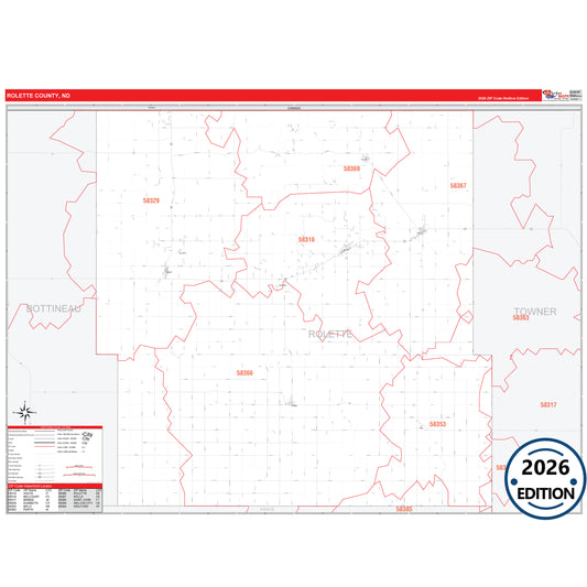 Rolette County, ND Red Line 5 Digit ZIP Code Wall Map