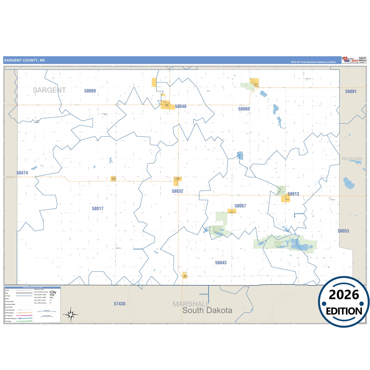 Sargent County, ND Business Reference 5 Digit ZIP Code Wall Map