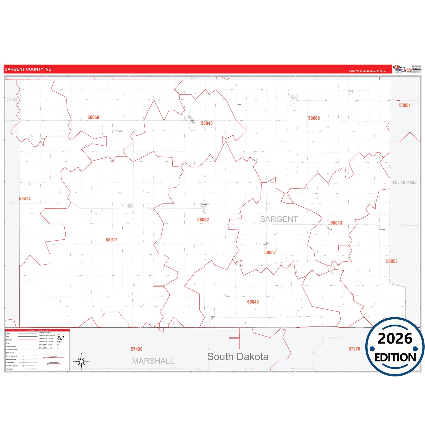 Sargent County, ND Red Line 5 Digit ZIP Code Wall Map