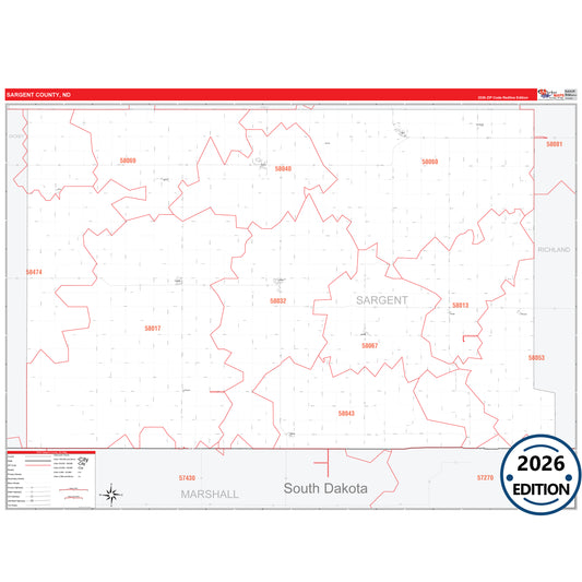 Sargent County, ND Red Line 5 Digit ZIP Code Wall Map