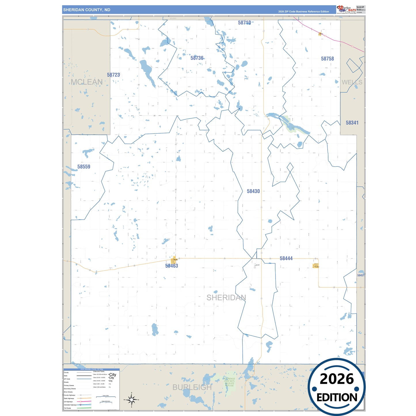 Sheridan County, ND Business Reference 5 Digit ZIP Code Wall Map