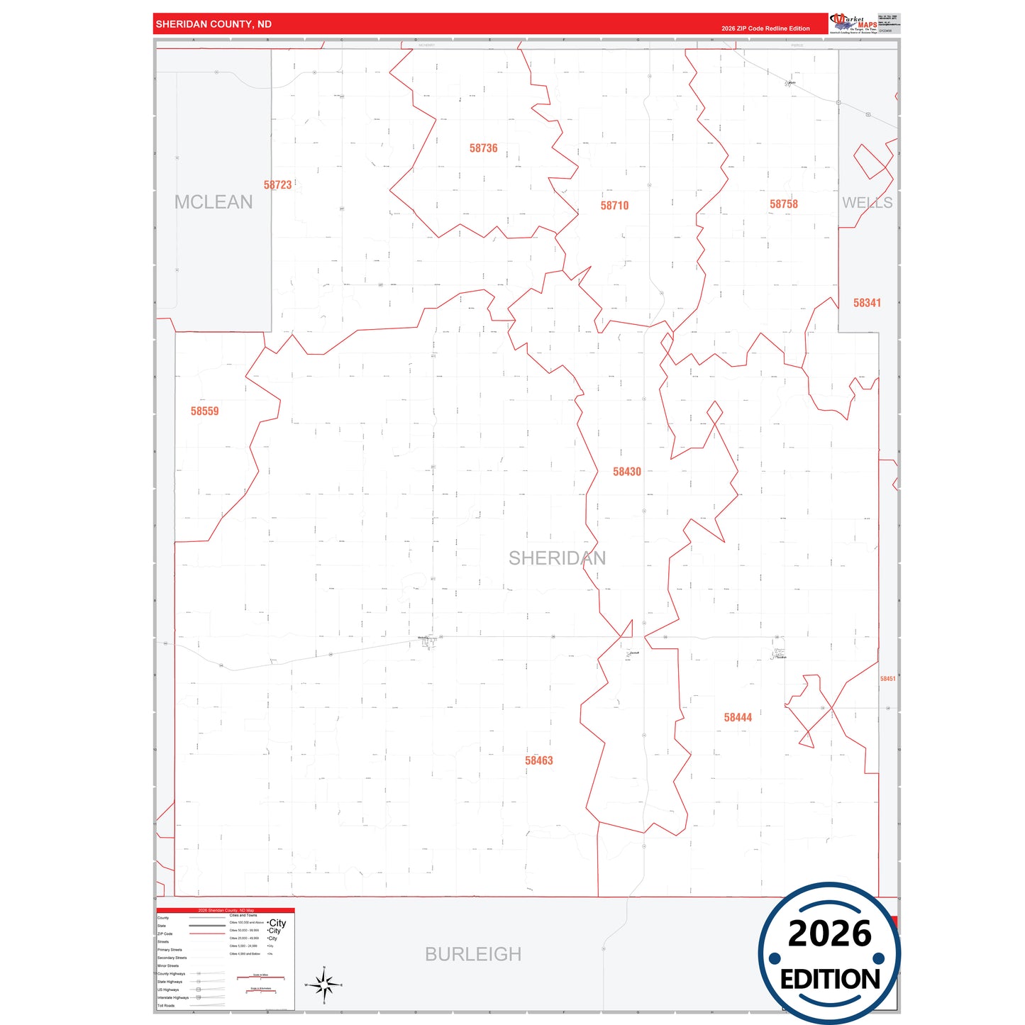 Sheridan County, ND Red Line 5 Digit ZIP Code Wall Map