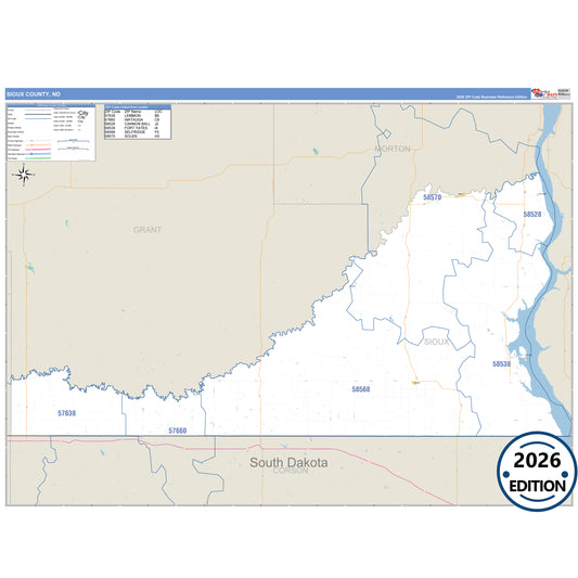 Sioux County, ND Business Reference 5 Digit ZIP Code Wall Map