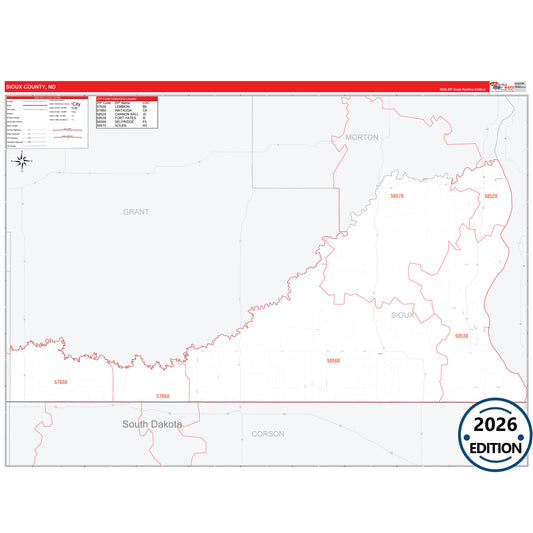 Sioux County, ND Red Line 5 Digit ZIP Code Wall Map