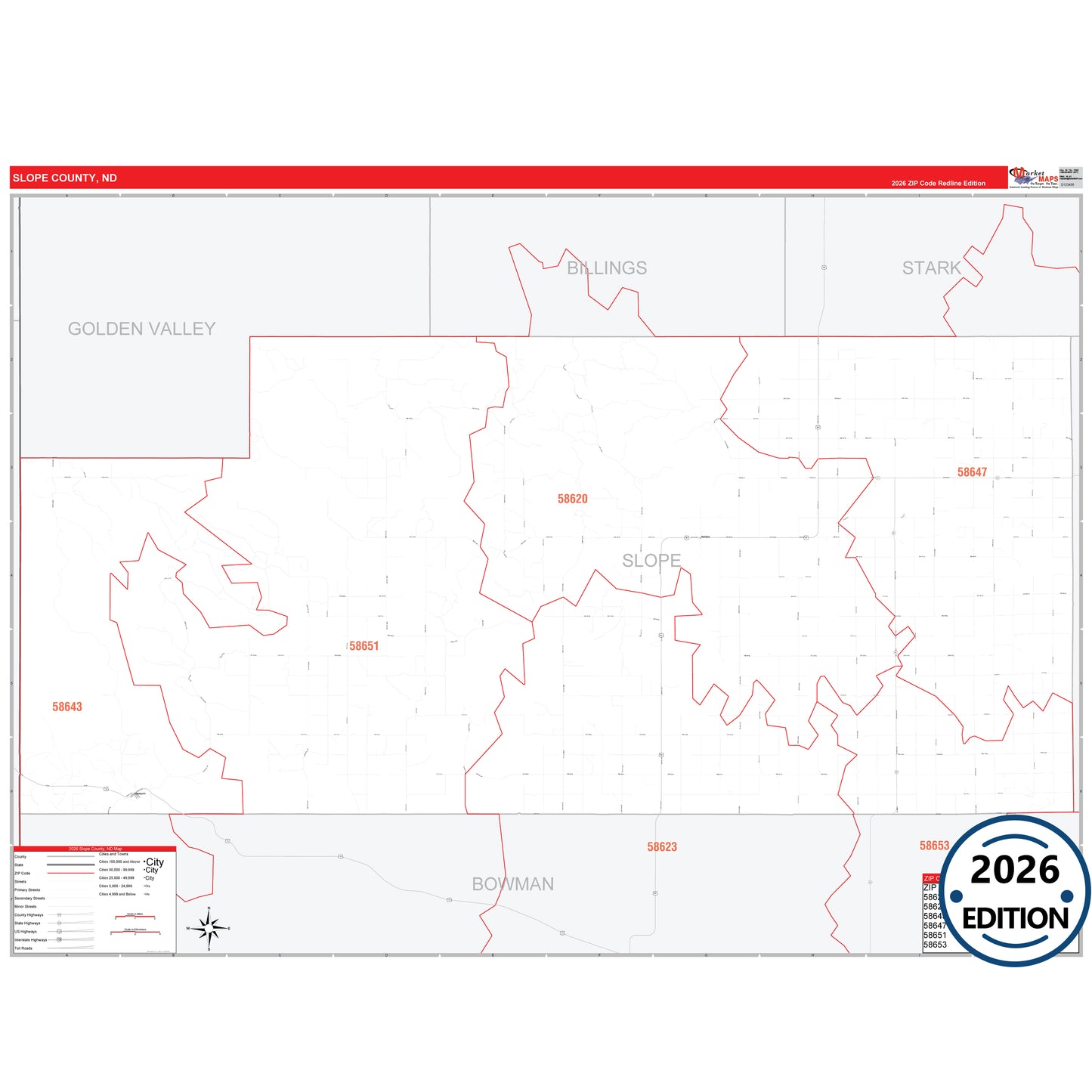Slope County, ND Red Line 5 Digit ZIP Code Wall Map