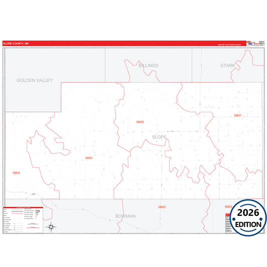 Slope County, ND Red Line 5 Digit ZIP Code Wall Map