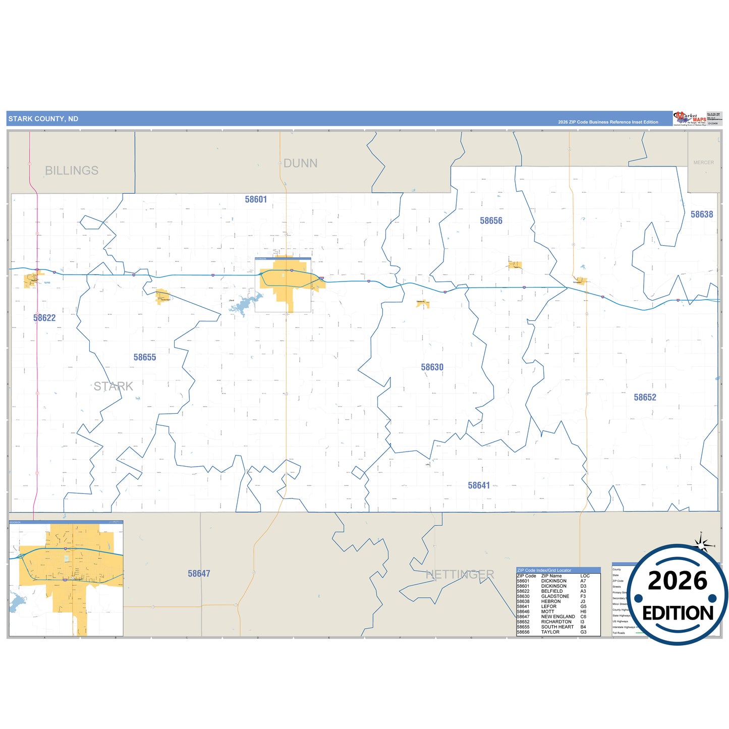 Stark County, ND Business Reference 5 Digit ZIP Code Wall Map