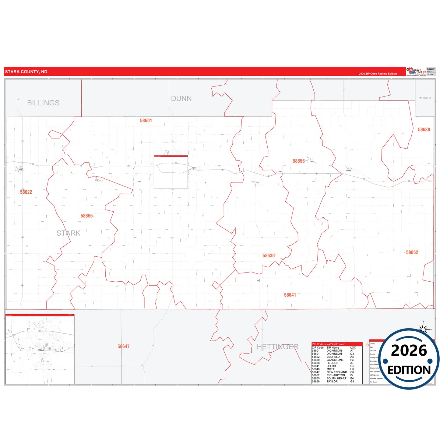 Stark County, ND Red Line 5 Digit ZIP Code Wall Map