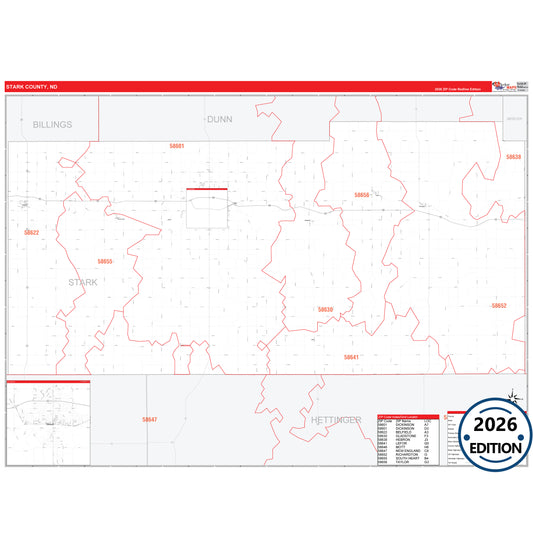 Stark County, ND Red Line 5 Digit ZIP Code Wall Map