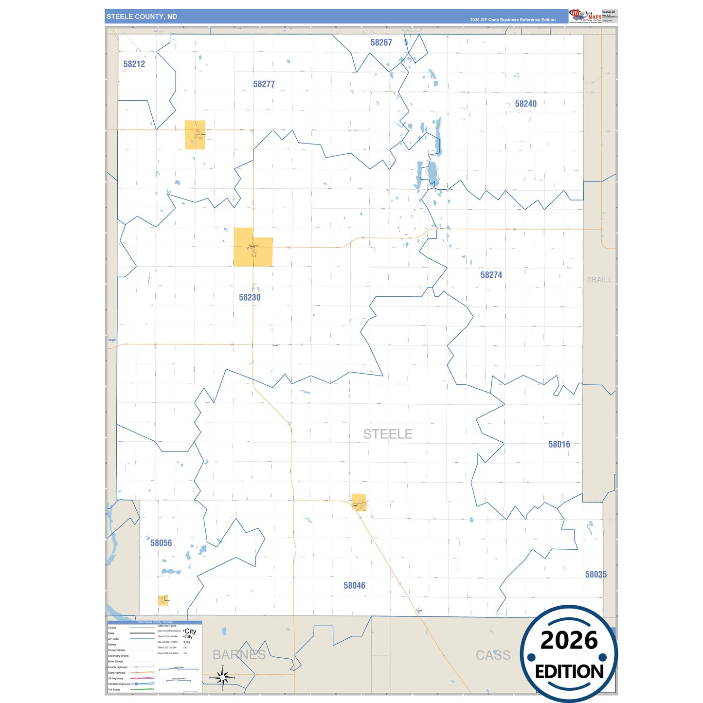 Steele County, ND Business Reference 5 Digit ZIP Code Wall Map