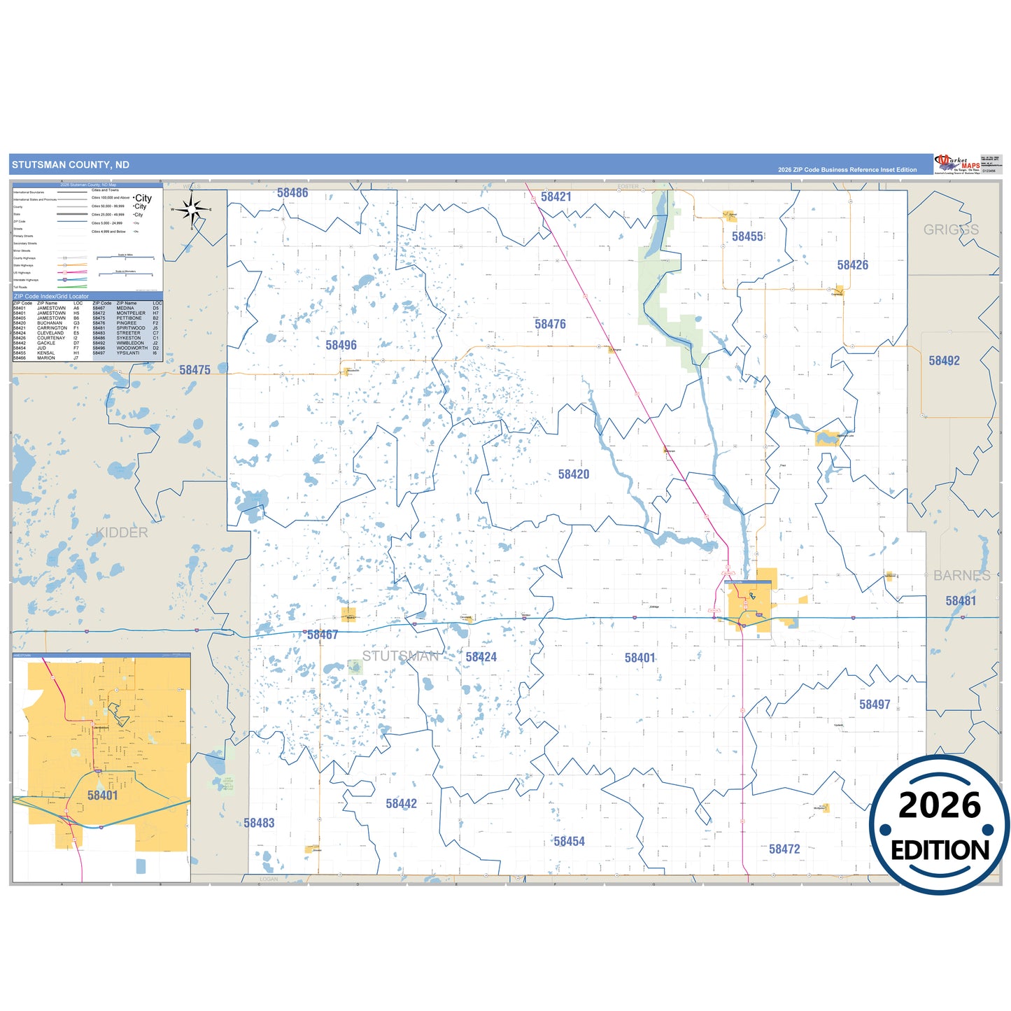 Stutsman County, ND Business Reference 5 Digit ZIP Code Wall Map