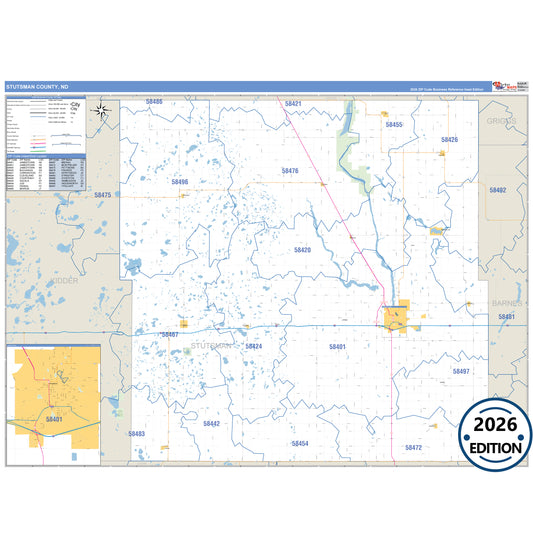 Stutsman County, ND Business Reference 5 Digit ZIP Code Wall Map