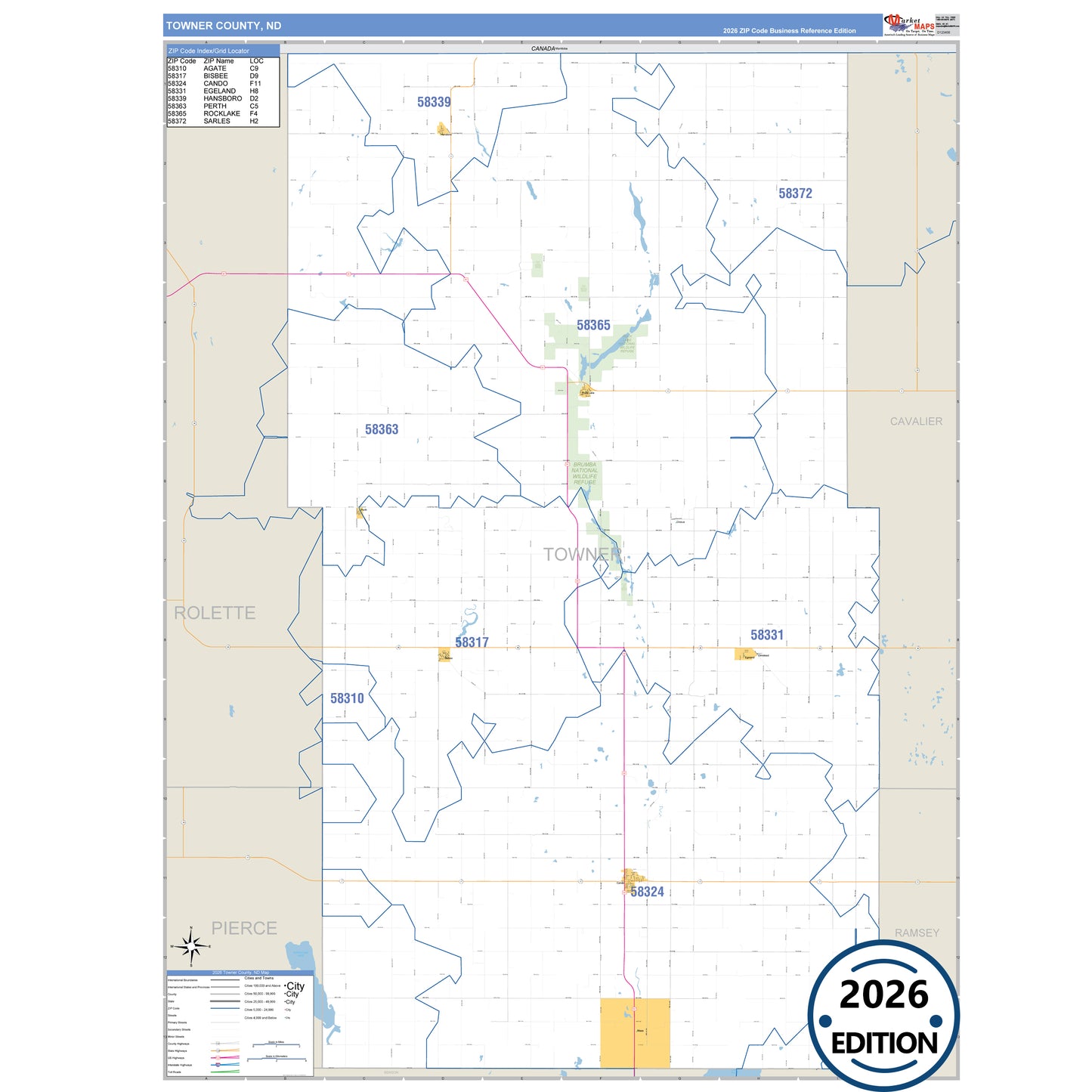 Towner County, ND Business Reference 5 Digit ZIP Code Wall Map